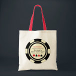 Vegas Casino Poker Chip Black Off-White Birthday Tote Bag<br><div class="desc">This off-white and black poker chip style tote bag would make a perfect gift for your birthday guests to carry through the night of gambling. Personalize the design with your name and birthdate # in black in the center,  and your text in red on top.</div>