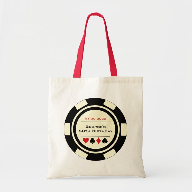 Vegas Casino Poker Chip Black Off-White Birthday Tote Bag (Front)