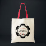 Vegas Casino Poker Chip Black White Birthday Tote Bag<br><div class="desc">This black and white poker chip style tote bag would make a perfect gift for your birthday guests to carry through the night of gambling or a weekend in Las Vegas. Personalize the design with your name and birthdate # in black in the center, and your text in red on...</div>