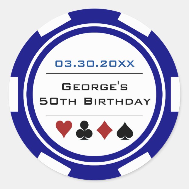 Vegas Casino Poker Chip Navy Blue White Birthday Classic Round Sticker (Front)