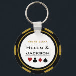 Vegas Casino Poker Chip Navy Blue White Wedding Key Ring<br><div class="desc">Getting married in Las Vegas or maybe you're having a casino themed wedding? These navy blue and white keychains would make a perfect idea for your guest's favours. Personalise the design with your names in black in the centre,  and a wedding date,  thank you,  etc. in blue on top.</div>