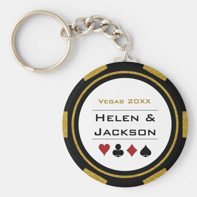 Vegas Casino Poker Chip Navy Blue White Wedding Key Ring (Front)