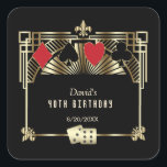 Vegas Casino Royale Great Gatsby 40th Birthday Square Sticker<br><div class="desc">ANY AGE! Royal, Vintage card design Great Gatsby and Casino themed. It features a Great Gatsby, Roaring 1920's old Hollywood Art Deco style shape, royal faux gold freer-de-lis, vintage fonts, a pair of dice, as well, playing cards suits with a golden edges. Use Personalise tool to add your information. For...</div>