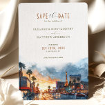 Vegas Golden Twilight Save-the-Date Invitation<br><div class="desc">Illuminate the excitement of your upcoming wedding with our 'Vegas Golden Twilight' Save-the-Date invitation. This invitation dazzles with a vibrant watercolor illustration of the Las Vegas Strip, captured at the magical moment when the neon lights begin to sparkle against the setting sun. The sky is a canvas of golden yellows...</div>