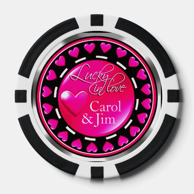 Vegas Lucky in Love Hearts fuschia black silver Poker Chips (Front)
