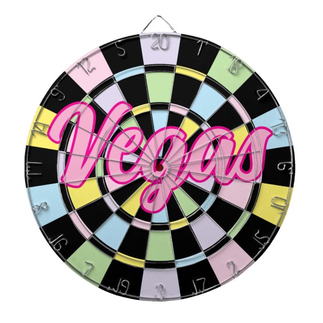 Vegas Pink text on Black And Pastel Colours Dartboard (Front)