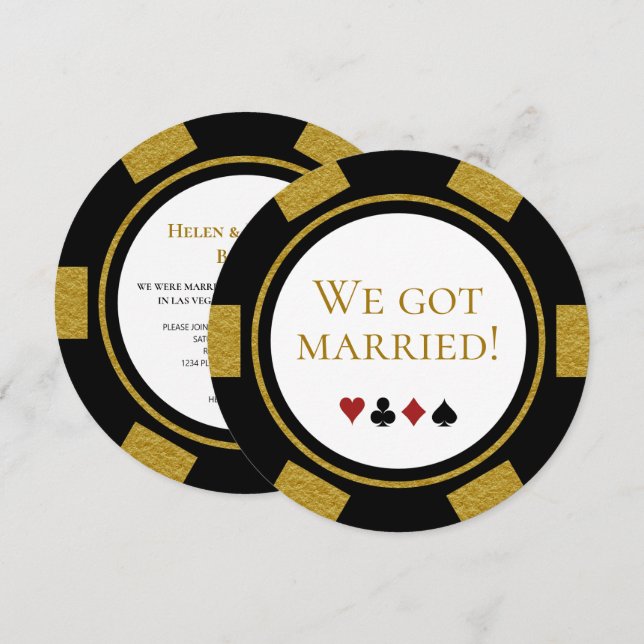 Vegas Wedding Elopement Announce Gold Poker Chip Invitation (Front/Back)