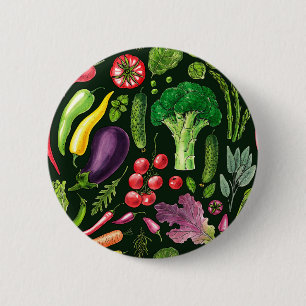 Vegetable and herbs garden harvest on black 6 cm round badge