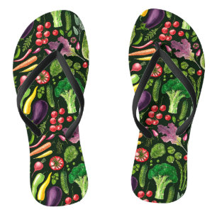 Vegetable and herbs garden harvest on black flip flops