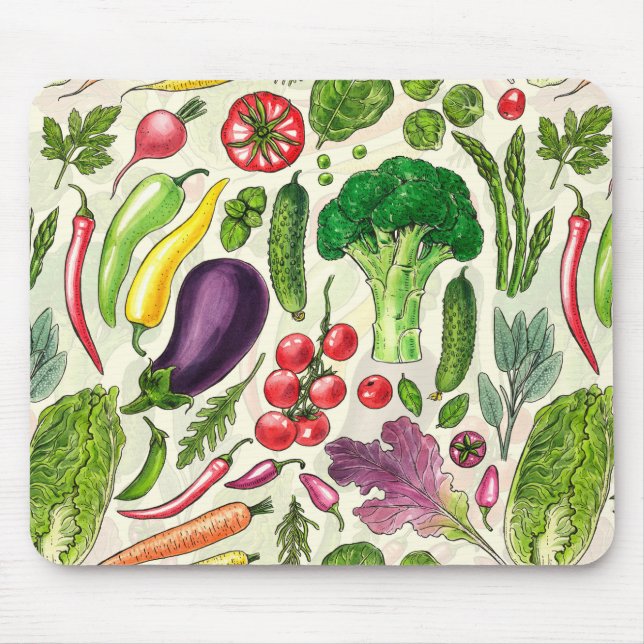 Vegetable and herbs garden harvest on off white mouse mat (Front)