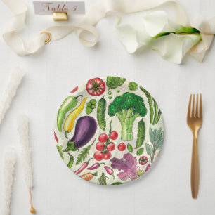 Vegetable and herbs garden harvest on off white paper plate