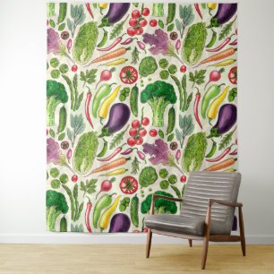 Vegetable and herbs garden harvest on off white tapestry