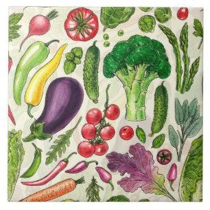 Vegetable and herbs garden harvest on off white tile