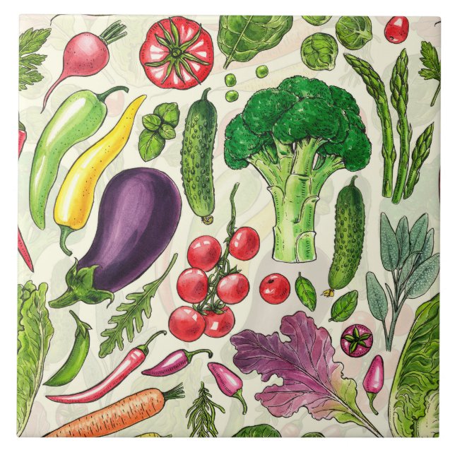 Vegetable and herbs garden harvest on off white tile (Front)