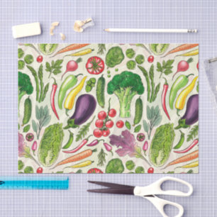 Vegetable and herbs garden harvest on off white tissue paper