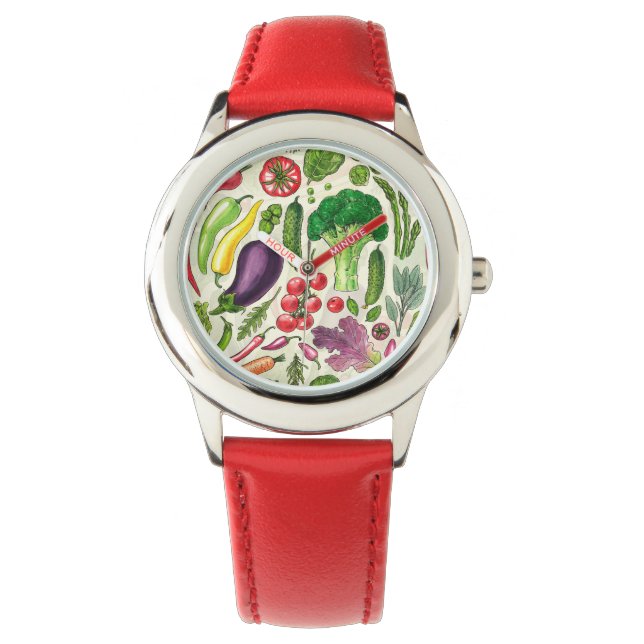 Vegetable and herbs garden harvest on off white watch (Front)