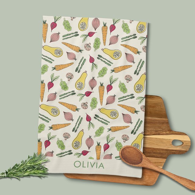 Vegetable Patch Locally Grown Farmers Market Tea Towel (Farmers Market Garden Vegetable Patch Kitchen Towel.  Personalize with your own name.)