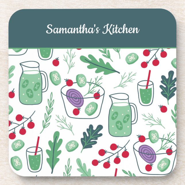 Vegetable Salad Pattern with Name Green Kitchen Coaster (Front)