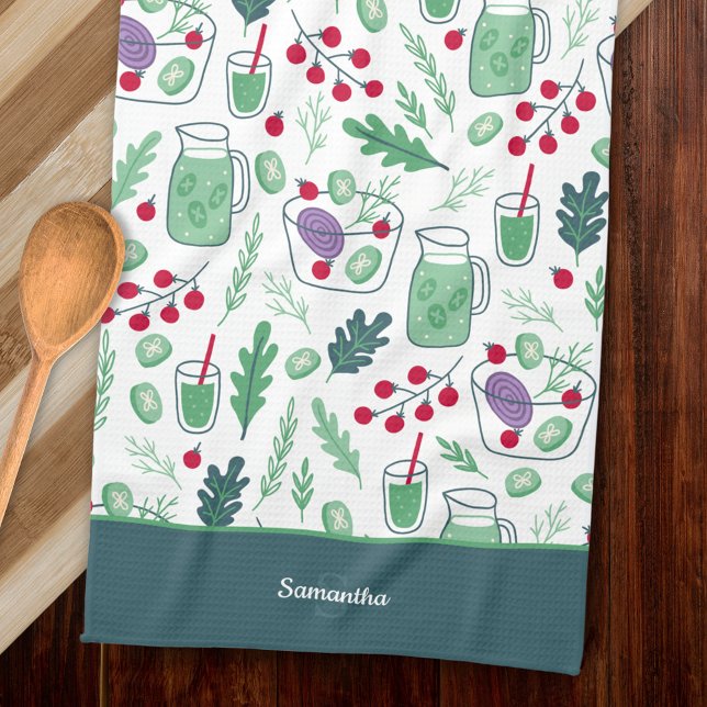 Vegetable Salad Pattern with Name Green Tea Towel (Creator Uploaded)