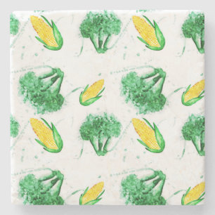 Vegetable seamless pattern with corn and broccoli stone coaster