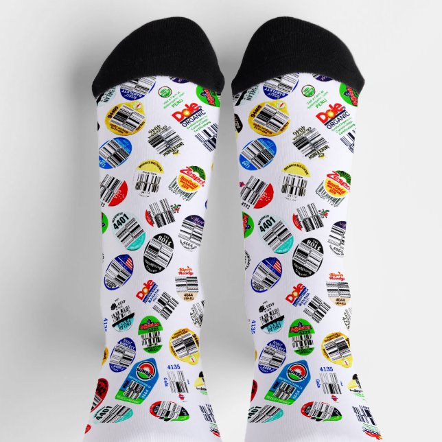 Vegetables Fruits Barcode Sticker Black White Socks (Top)