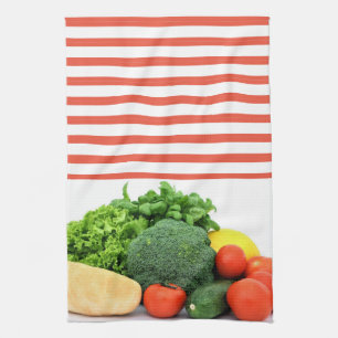 Vegetables on Red and White Striped Background Tea Towel