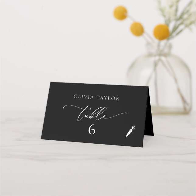 Vegetarian Black Minimalist Wedding Table Number Place Card (Front)