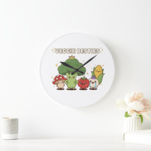 Veggie Besties   Cute Kawaii Cartoon Vegetable  Large Clock