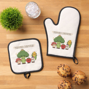Veggie Besties Cute Kawaii Cartoon Vegetable Oven Mitt & Pot Holder Set