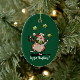 Veggie Christmas! Guinea Pig Juggling Sprouts Ceramic Tree Decoration