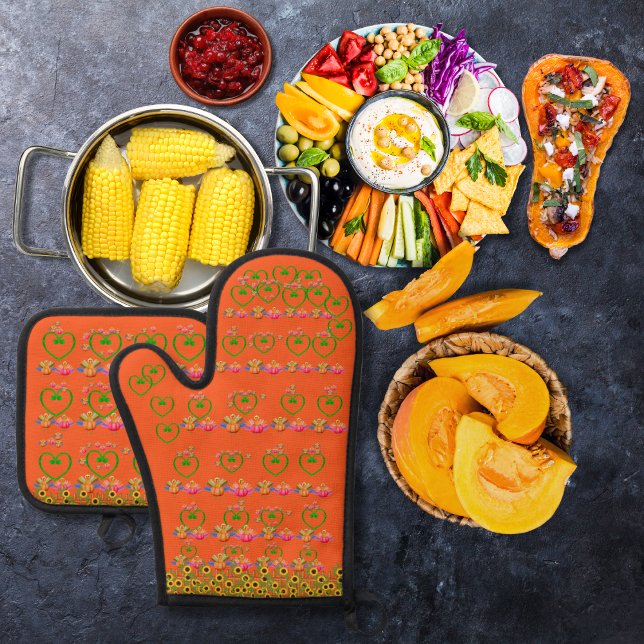 Veggie-turkeys and sunflowers orange oven mitt & pot holder set (Creator Uploaded)