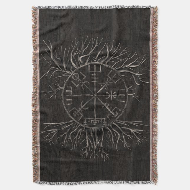Vegvisir and Tree of life Yggdrasil Throw Blanket (Front Vertical)
