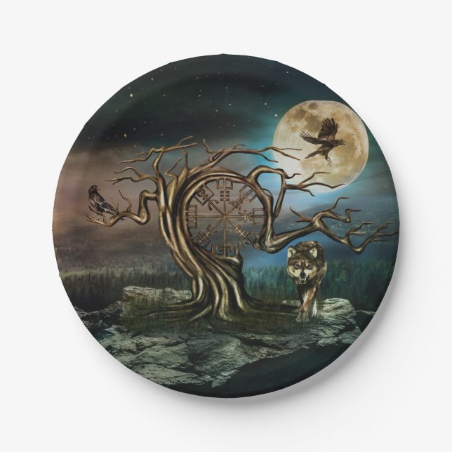 Vegvisir Tree Moon landscape Paper Plate (Front)