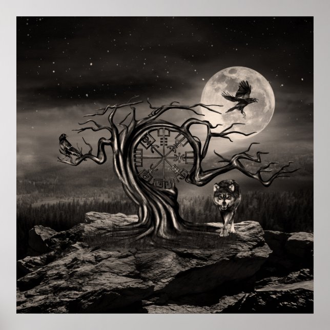 Vegvisir Tree Moon landscape - sepia Poster (Front)
