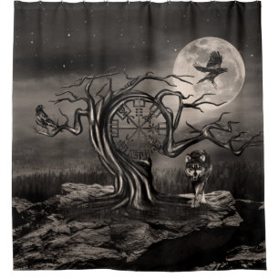 Vegvisir Tree Moon landscape - sepia Shower Curtain