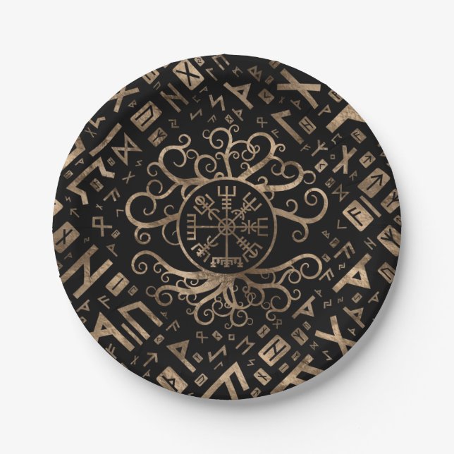 Vegvisir Tree of life Yggdrasil and Runes Paper Plate (Front)