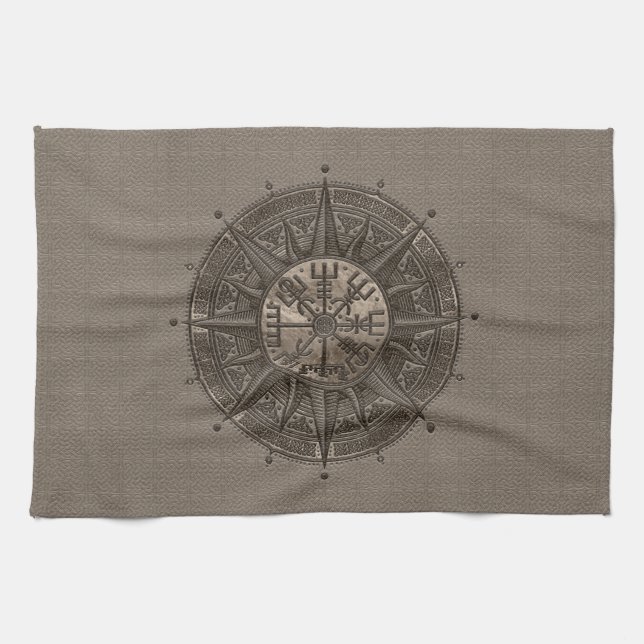 Vegvisir - Viking Compass - Beige Leather and gold Tea Towel (Horizontal)