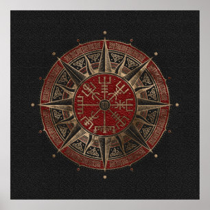 Vegvisir - Viking Compass - Black and red Leather Poster