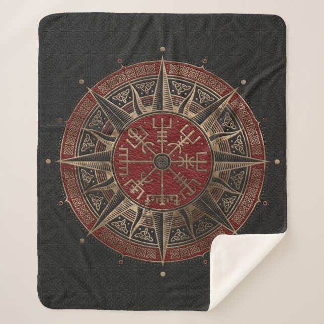 Vegvisir - Viking Compass - Black and red Leather Sherpa Blanket (Front)