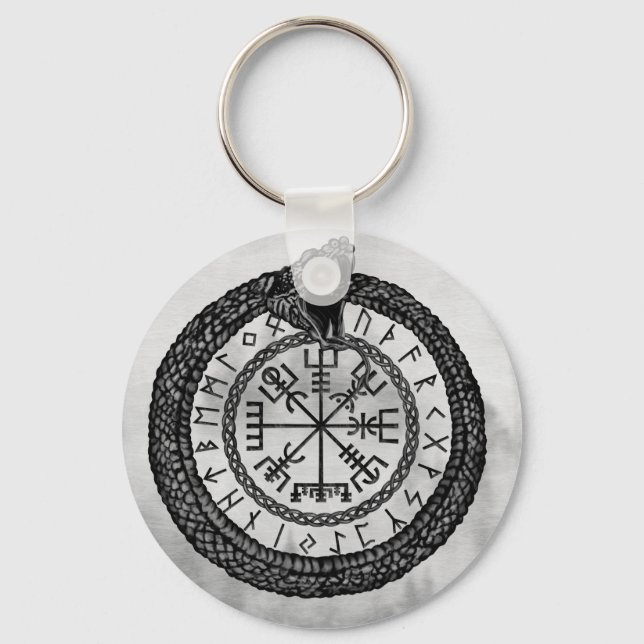 Vegvisir with Ouroboros and runes - grayscale Key Ring (Front)