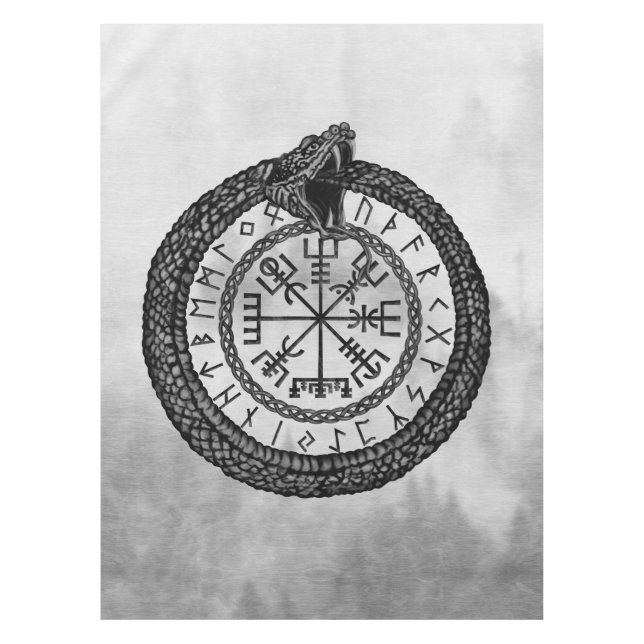 Vegvisir with Ouroboros and runes - grayscale Tablecloth (Front)