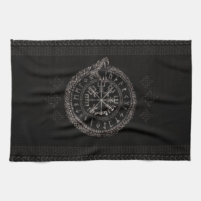Vegvisir with Ouroboros and runes Tea Towel (Horizontal)