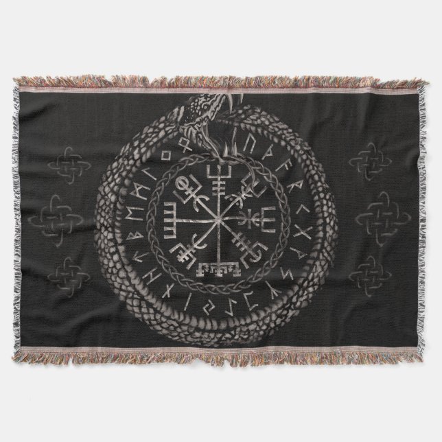 Vegvisir with Ouroboros and runes Throw Blanket (Front)