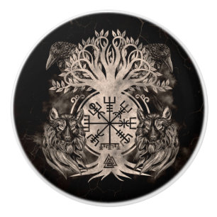 Vegvisir -Yggdrasil With Ravens & Wolves Ceramic Knob