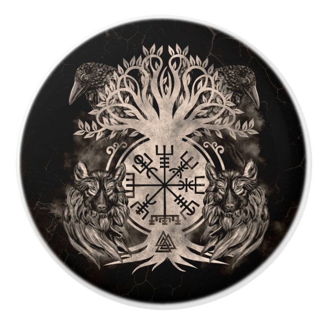 Vegvisir -Yggdrasil With Ravens & Wolves Ceramic Knob (Front)