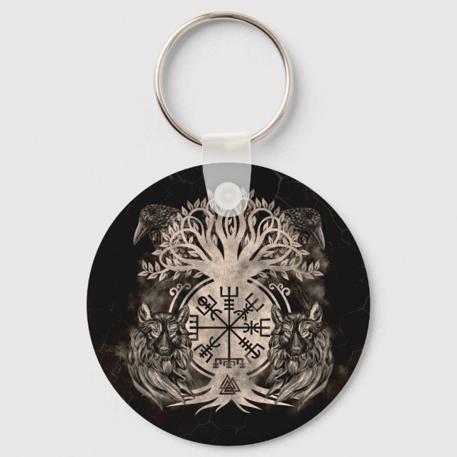 Vegvisir -Yggdrasil With Ravens & Wolves Key Ring (Front)