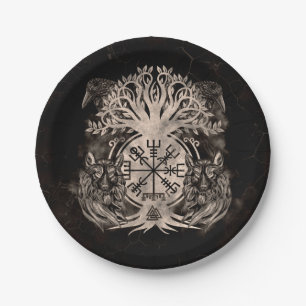 Vegvisir -Yggdrasil With Ravens & Wolves Paper Plate
