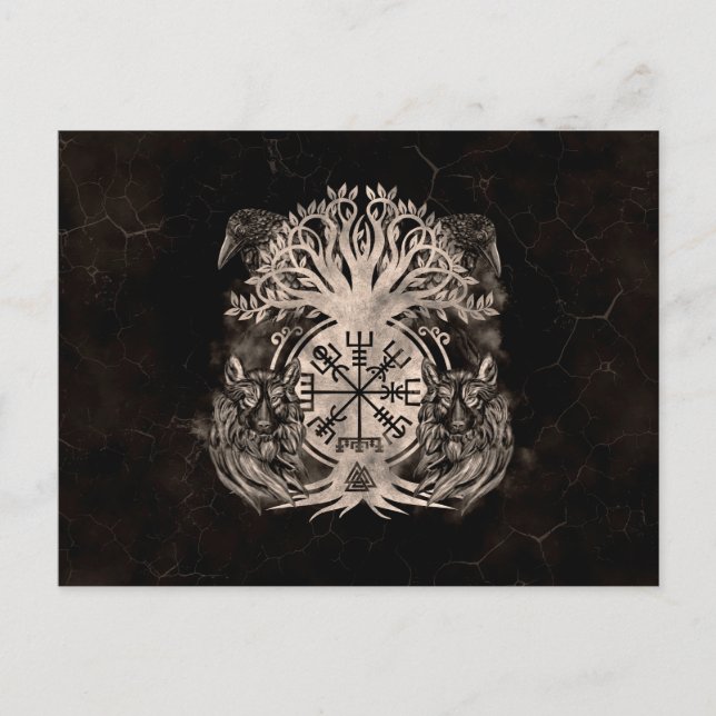 Vegvisir -Yggdrasil With Ravens & Wolves Postcard (Front)
