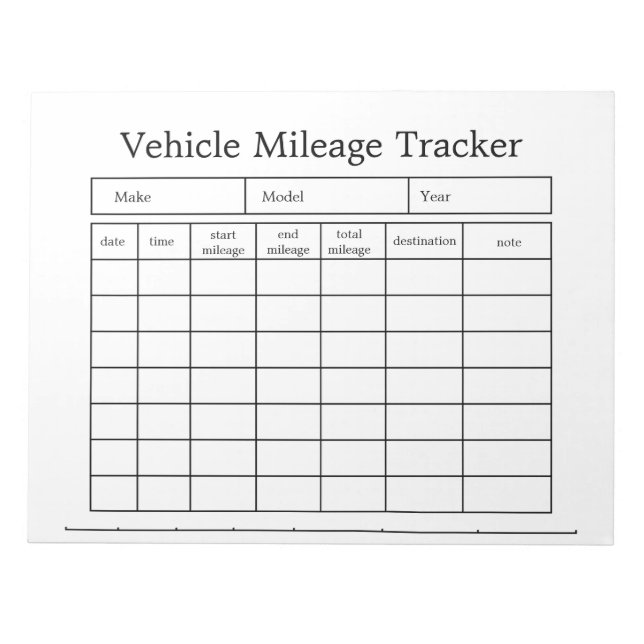 Vehicle Mileage Tracker Notepad (Front)