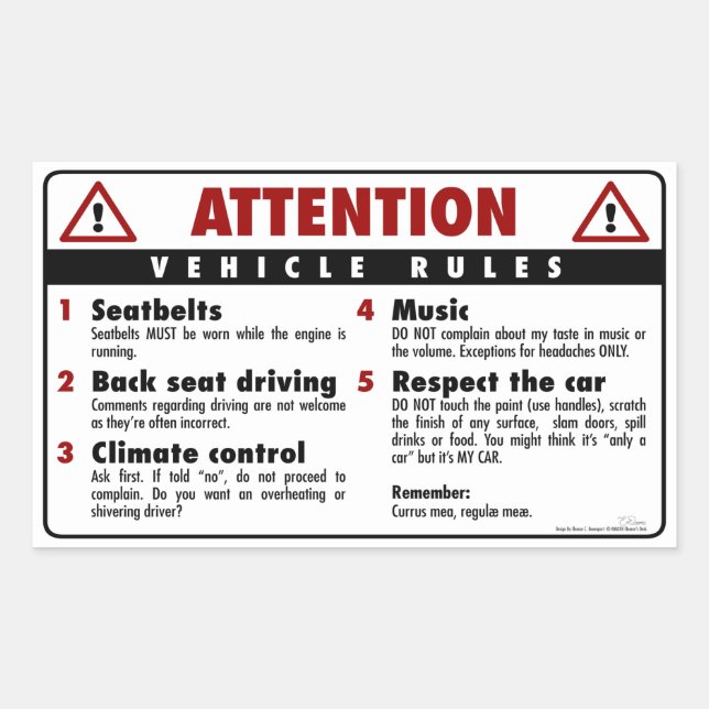 Vehicle Rules - Red and White Rectangular Sticker (Front)